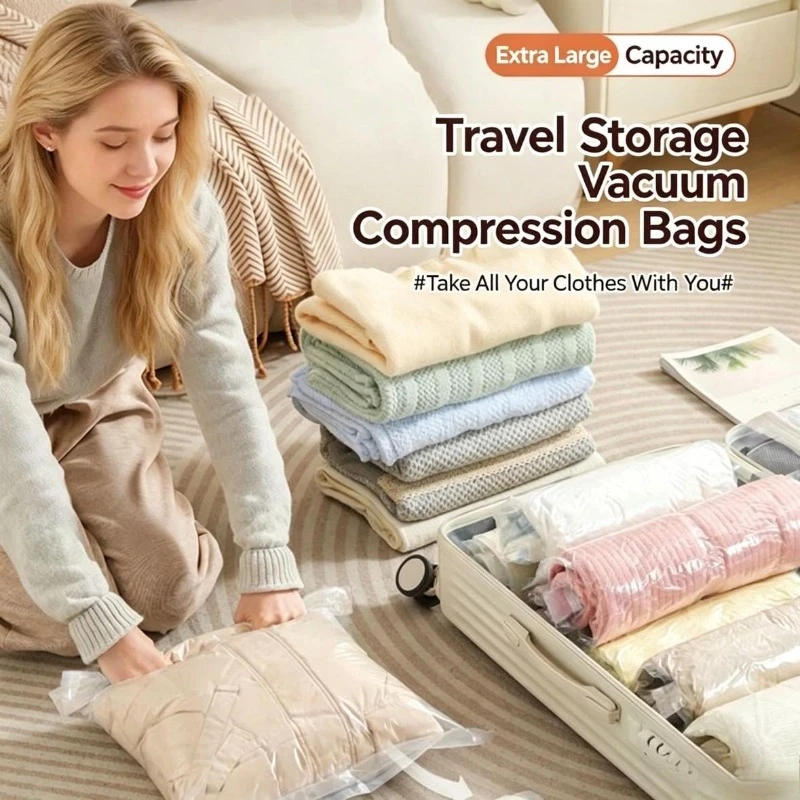Compression Bag Vacuum - ถุงเก็บของแบบม้วนเก็บได้ ประหยัดพื้นที่ สำหรับเดินทาง อุปกรณ์เสริมสำหรับการเดินทาง ถุงบีบอัดสำหรับจัดเก็บเสื้อผ้า ไม่ต้องใช้ปั๊มหรือเครื่องดูดฝุ่น