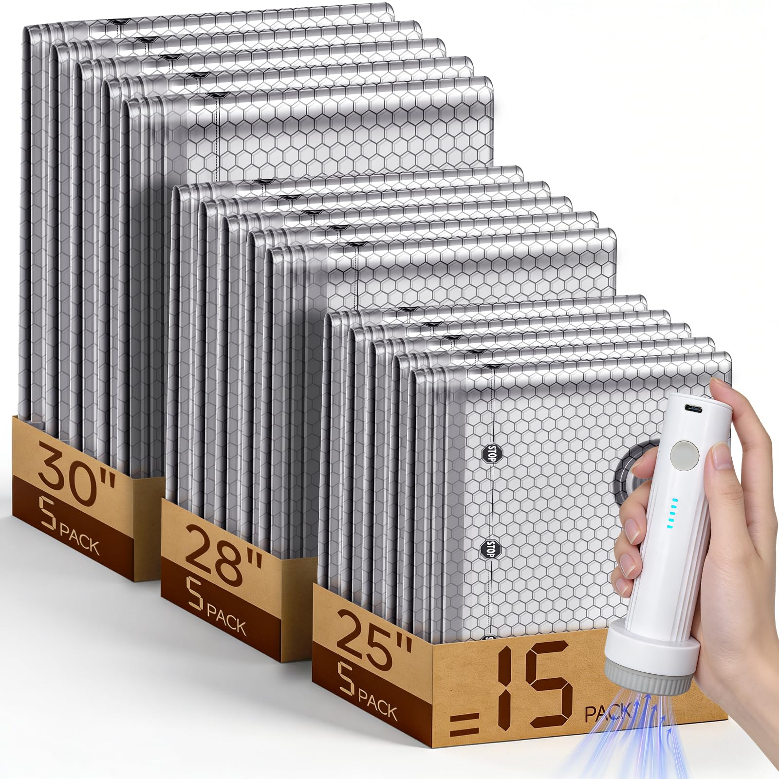 Compression Bag Vacuum - ถุงเก็บของสุญญากาศสำหรับการเดินทาง 15 ชิ้น พร้อมปั๊มไร้สาย, ถุงประหยัดพื้นที่สำหรับเสื้อผ้า, ถุงบีบอัดสำหรับจัดเก็บสัมภาระ,