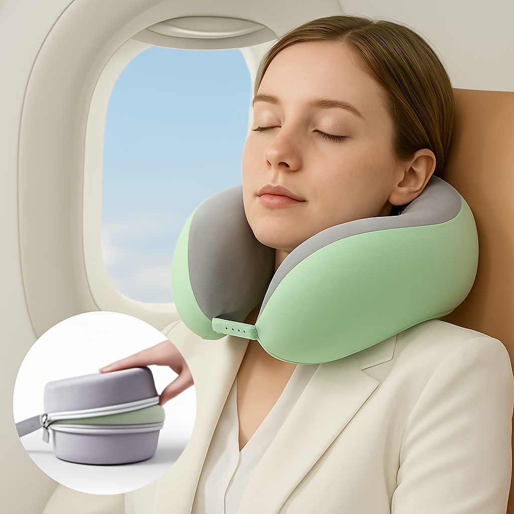 Travel Accessories Pillow - หมอนรองคอรูปตัว U ตามหลักสรีรศาสตร์พร้อมกระเป๋าเก็บของ - หมอนรองคอเมมโมรี่โฟมสำหรับเดินทางพร้อมเทคโนโลยีการคืนตัวช้า ปลอกหมอนซักด้วยเครื่องได้