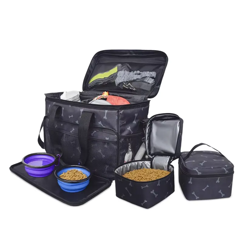 Travel Accessories Kit Bag - ชุดอุปกรณ์เดินทางสำหรับสุนัข กระเป๋าเดินทางสำหรับสัตว์เลี้ยง พร้อมช่องเก็บอุปกรณ์เสริม ชามพับได้ 2 ใบ