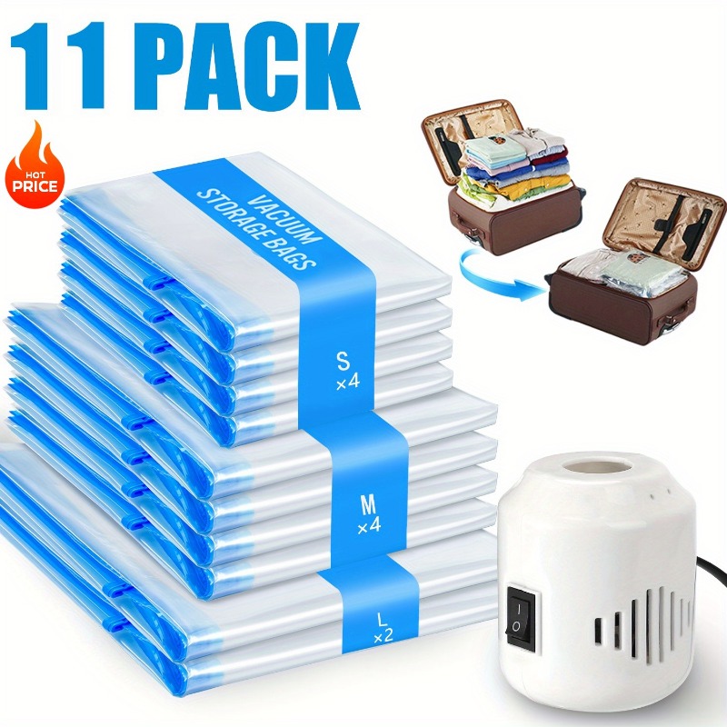 Compression Bag Vacuum - ถุงเก็บของสุญญากาศ 11 ชิ้น พร้อมปั๊มไฟฟ้า, ถุงบีบอัดสุญญากาศพร้อมปั๊มดูดไฟฟ้า, ปั๊มลมไฟฟ้าสำหรับถุงสุญญากาศ