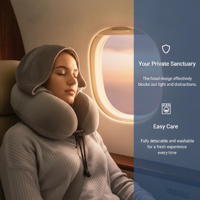 Travel Accessories Pillow - หมอนรองคอสำหรับเดินทางแบบเมมโมรี่โฟม พร้อมฮู้ด สายปรับระดับได้ ผ้าซักได้ นุ่มสบายต่อผิว เหมาะสำหรับการพักผ่อนบนเครื่องบินและในรถยนต์